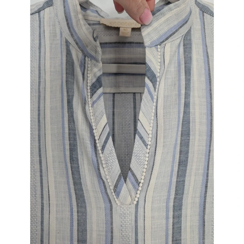 Etcetera Blue White Striped V Neck Linen Blend Tunic Lace Trim Coastal Preppy 10 - Picture 4 of 10